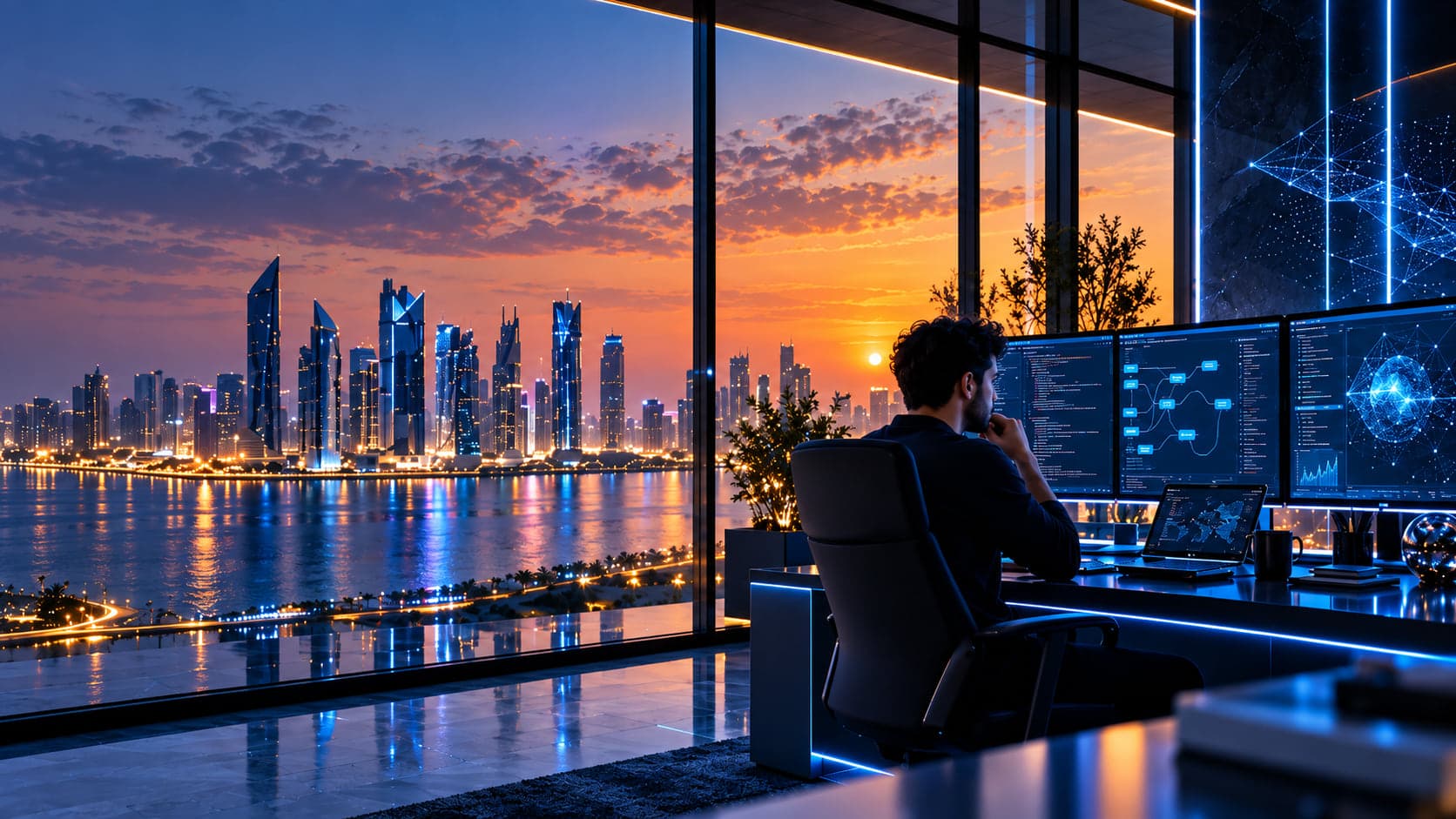 An engineer working across several screens overlooking the Doha skyline