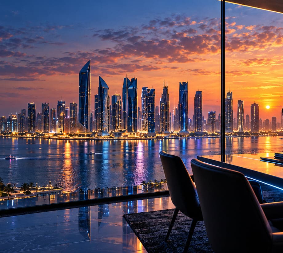 Two executives in a Doha office overlooking the West Bay skyline at dusk