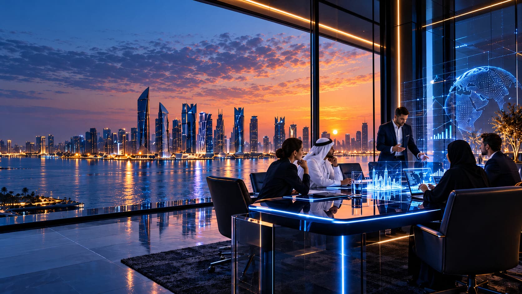 A Data Mindsets engineer presents to a client team in a Doha boardroom at dusk