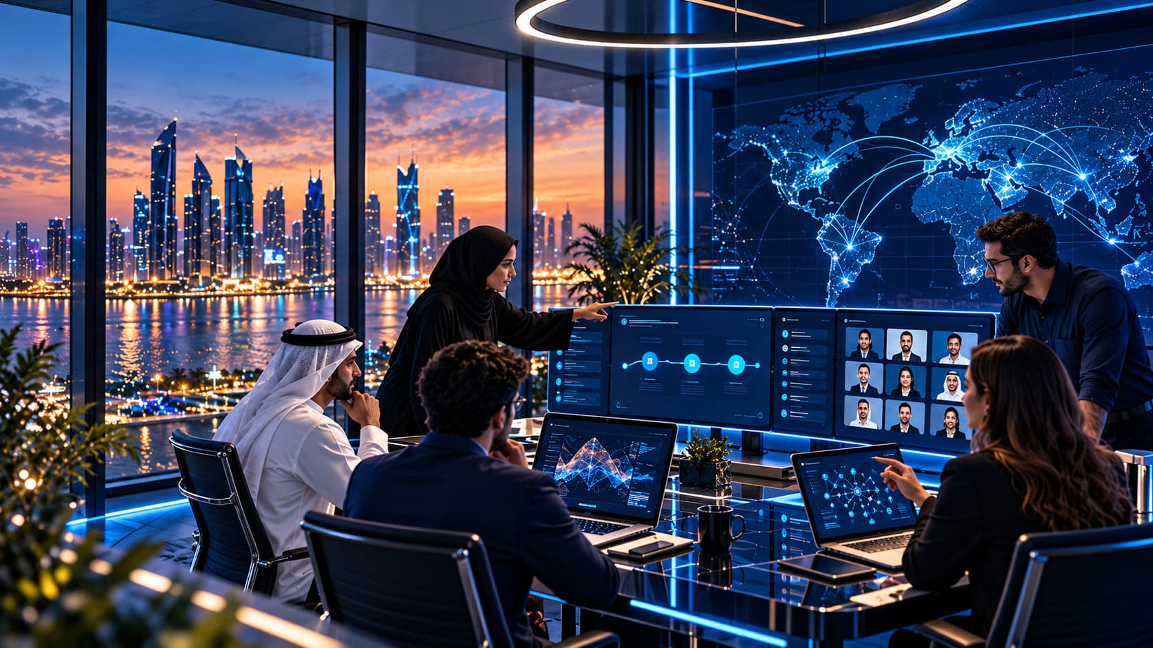 A mixed team of client staff and engineers reviews dashboards in a Doha operations room, with remote engineers on a video wall